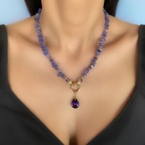 «FELICITY» Beautiful Blue Chalcedony Necklace With Swarovski Crystal Pendant & Earrings With Natural Amethyst Stones Jewellery Set - Image 2