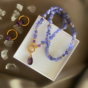 «FELICITY» Beautiful Blue Chalcedony Necklace With Swarovski Crystal Pendant & Earrings With Natural Amethyst Stones Jewellery Set - Image 4