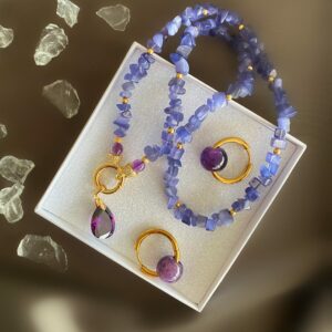 «FELICITY» Beautiful Blue Chalcedony Necklace With Swarovski Crystal Pendant & Earrings With Natural Amethyst Stones Jewellery Set - Image 5