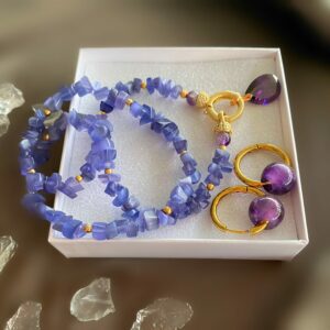 «FELICITY» Beautiful Blue Chalcedony Necklace With Swarovski Crystal Pendant & Earrings With Natural Amethyst Stones Jewellery Set - Image 7