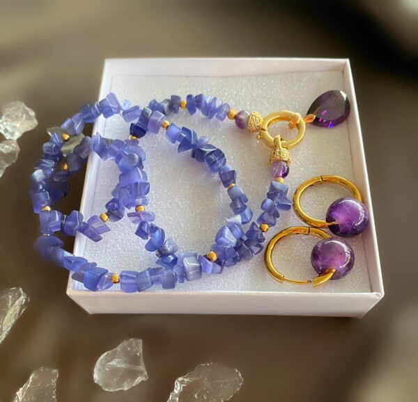 «FELICITY» Beautiful Blue Chalcedony Necklace With Swarovski Crystal Pendant & Earrings With Natural Amethyst Stones Jewellery Set