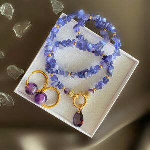 «FELICITY» Beautiful Blue Chalcedony Necklace With Swarovski Crystal Pendant & Earrings With Natural Amethyst Stones Jewellery Set - Image 8