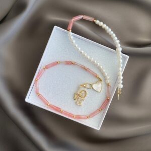«P.S. I LOVE YOU» Semi-Fine Natural Pink Quartz & Pearl Trendy Necklace - Image 2