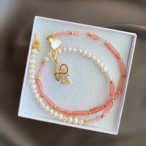 «P.S. I LOVE YOU» Semi-Fine Natural Pink Quartz & Pearl Trendy Necklace - Image 3
