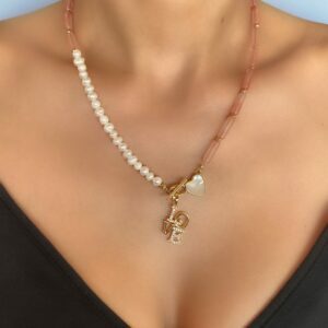 «P.S. I LOVE YOU» Semi-Fine Natural Pink Quartz & Pearl Trendy Necklace - Image 4