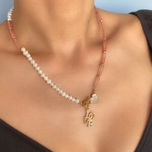 «P.S. I LOVE YOU» Semi-Fine Natural Pink Quartz & Pearl Trendy Necklace - Image 5