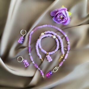 «LAVANDER GUMMY BEAR» - Jewelry Glass Choker Necklace And Earrings Jewellery Set - Image 2