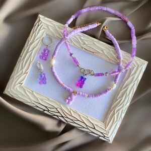 «LAVANDER GUMMY BEAR» - Jewelry Glass Choker Necklace And Earrings Jewellery Set - Image 3