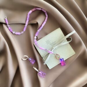 «LAVANDER GUMMY BEAR» - Jewelry Glass Choker Necklace And Earrings Jewellery Set - Image 5