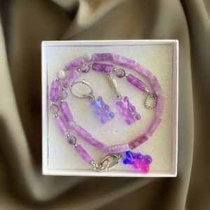 «LAVANDER GUMMY BEAR» - Jewelry Glass Choker Necklace And Earrings Jewellery Set - Image 6