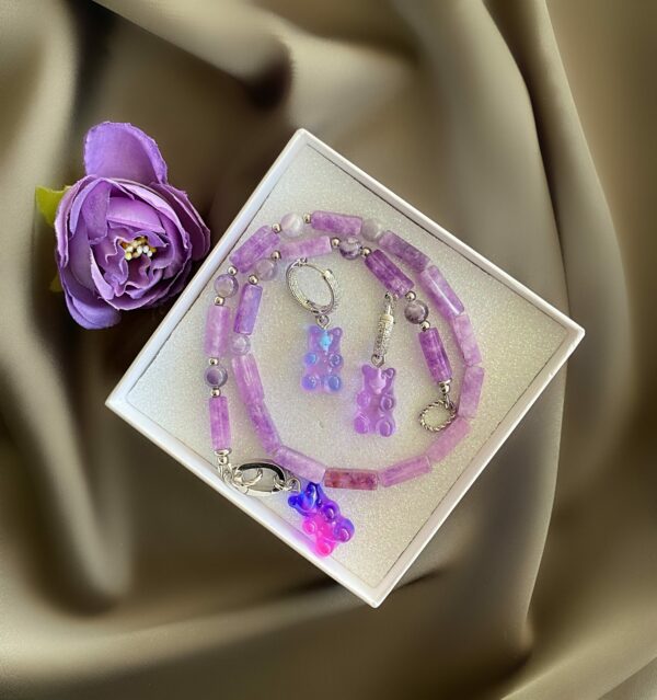 «LAVANDER GUMMY BEAR» - Jewelry Glass Choker Necklace And Earrings Jewellery Set