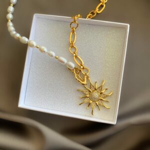 «GOLDEN SUN» Semi-Fine Natural Pearl & Chain Trendy Necklace - Image 5