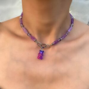 «LAVANDER GUMMY BEAR» - Jewelry Glass Choker Necklace And Earrings Jewellery Set - Image 10