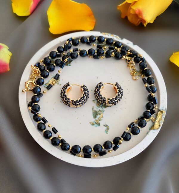 «DONNA» Beautiful Natural Black Agate Stone Necklace & Earrings Jewellery Set