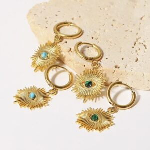 «FATIMA» Waterproof Earrings For Women / Gold Color With Blue Eye - Image 5