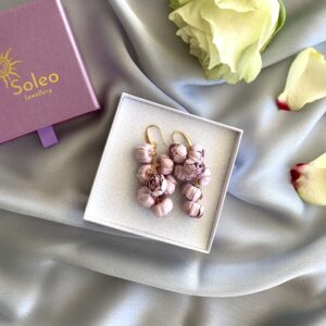 «PEONY» Beautiful Fabric Flower Earrings - Rose Quartz Color - Image 2