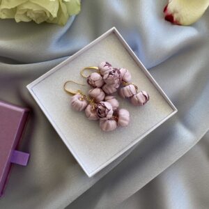 «PEONY» Beautiful Fabric Flower Earrings - Rose Quartz Color - Image 3
