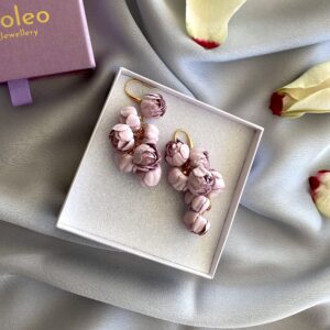 «PEONY» Beautiful Fabric Flower Earrings - Rose Quartz Color - Image 5