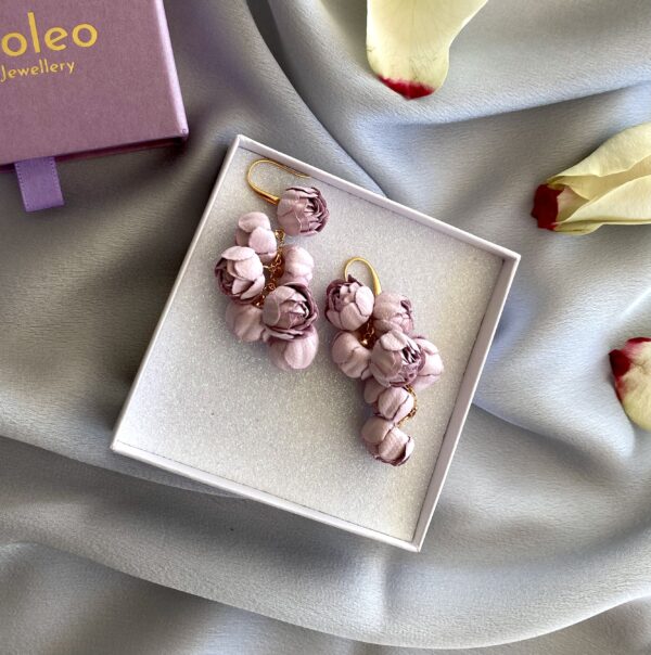 «PEONY» Beautiful Fabric Flower Earrings - Rose Quartz Color