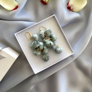 «PEONY» Beautiful Fabric Flower Earrings - Aquamarine Color - Image 3