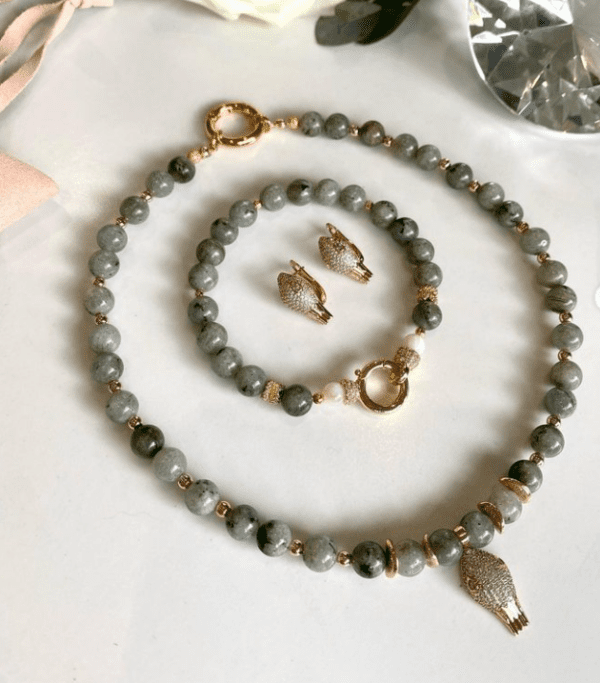 «ASMODEUS» Natural Stone Necklace & Earrings Jewelry Set With Swarovski Crystals⠀