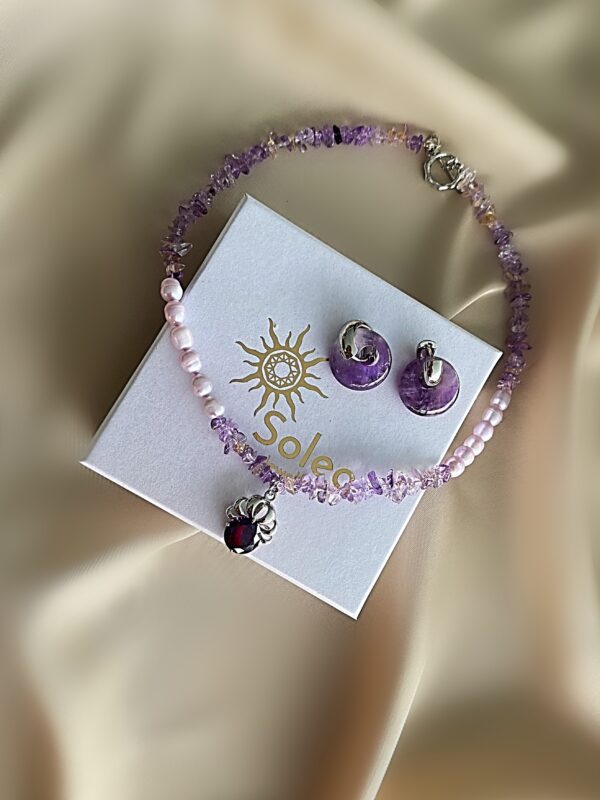 «SKAZKA» Semi-Fine Natural Stone Necklace And Earrings Jewellery Set With Swarovski Crystal Pendant
